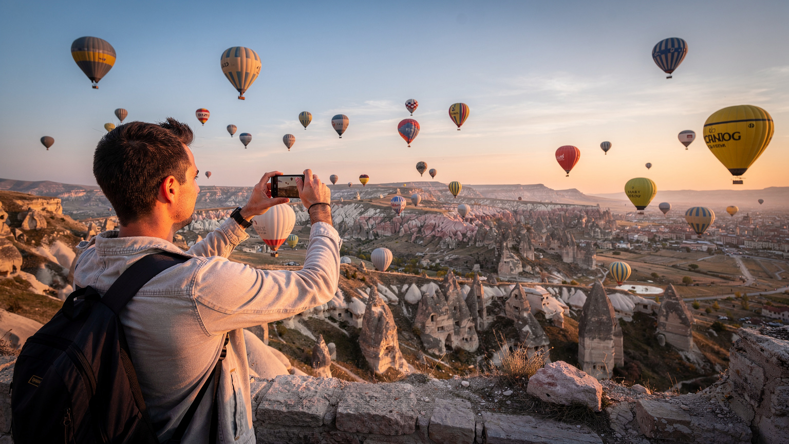 Un campo de globos aerostáticos se eleva sobre las formaciones rocosas únicas de Capadocia al amanecer, con un viajero en primer plano capturando el momento con su teléfono.