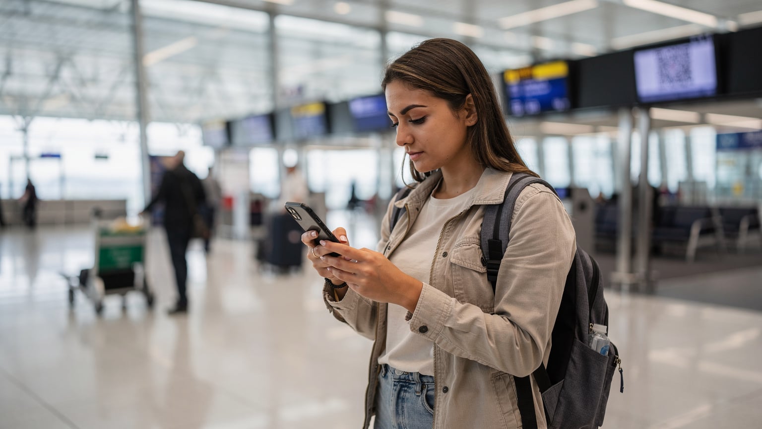Una mujer joven con una mochila pequeña, de pie en el área de llegadas del Aeropuerto de Estambul (IST), mira su smartphone con una expresión concentrada, escaneando un código QR para activar su eSIM.