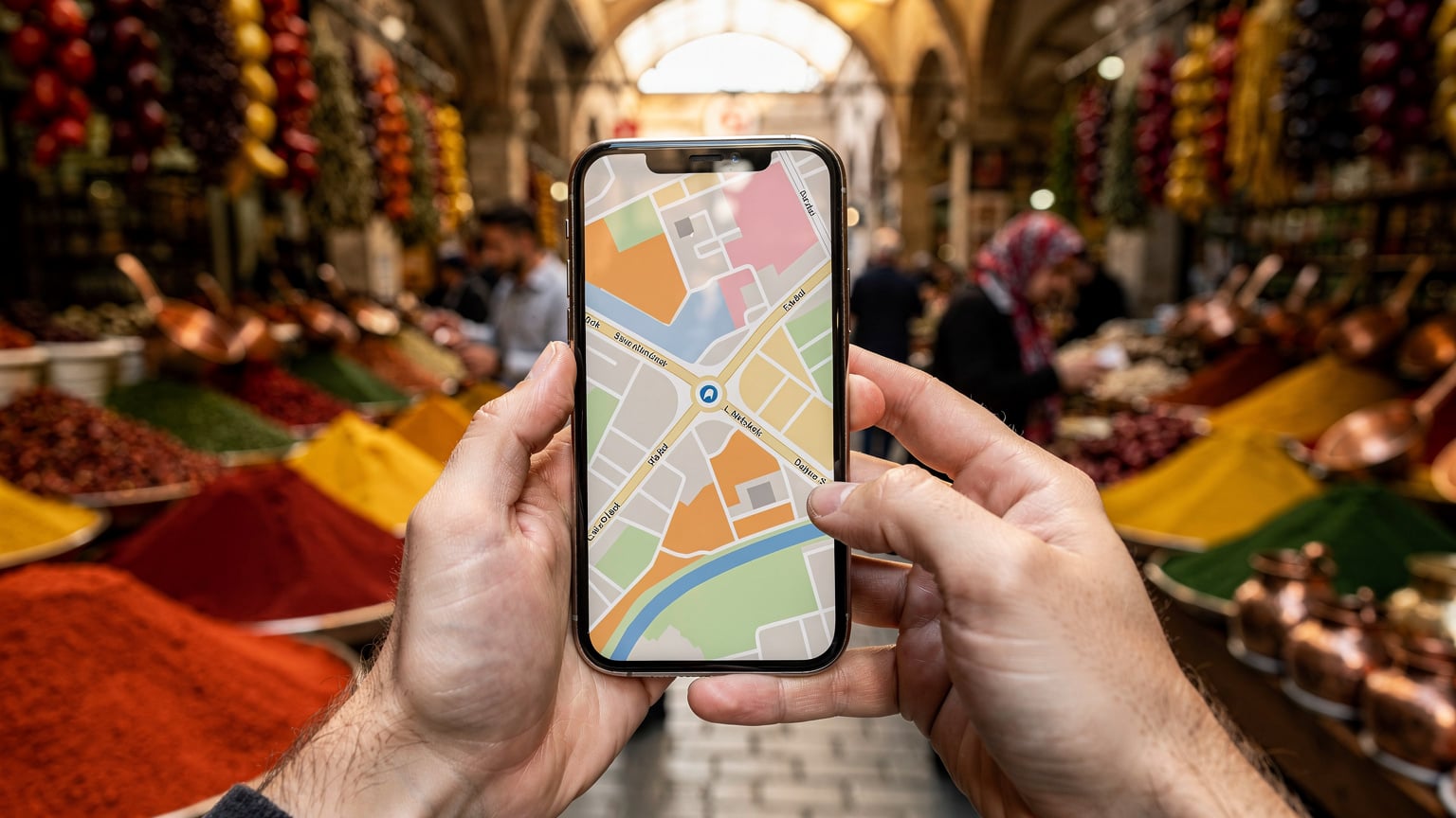 Primer plano de las manos de un viajero utilizando una aplicación de mapas en su smartphone, con el bullicioso Mercado de las Especias de Estambul desenfocado en el fondo.