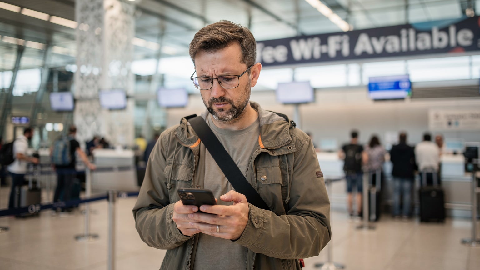 Un turista con gafas, de pie en el área de check-in del Aeropuerto de Estambul, mira su teléfono con una expresión de frustración o confusión, mientras un cartel de 'Wi-Fi gratuito disponible' se ve borroso al fondo.