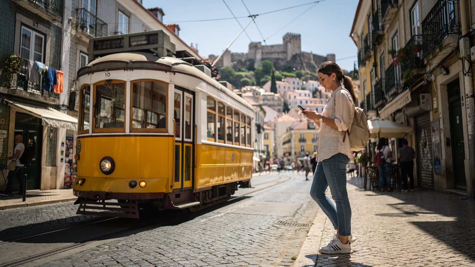 Um viajante a observar atentamente o seu telemóvel junto a um icónico elétrico amarelo em Lisboa, com o Castelo de São Jorge no horizonte.