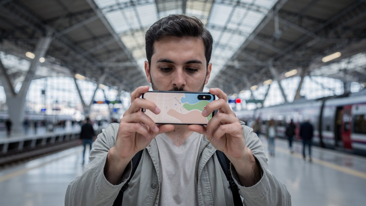 Um viajante a observar um mapa digital no seu telemóvel, com um fundo desfocado de uma estação de comboios movimentada em Portugal, possivelmente a Estação de Oriente em Lisboa.