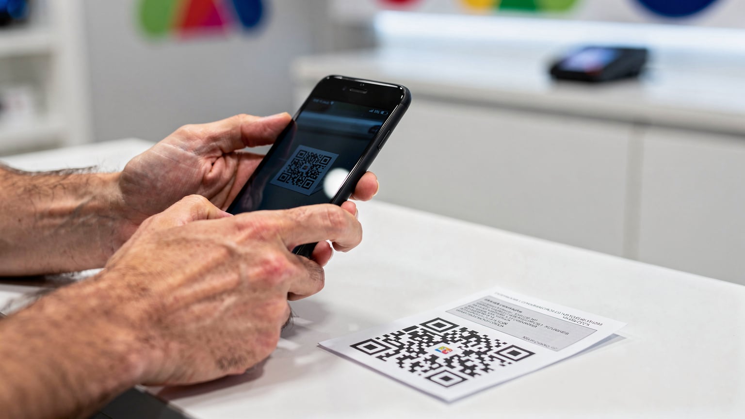 Mãos de um viajante a segurar um smartphone enquanto escaneia um QR code numa folha de papel para ativar um eSIM, num balcão de atendimento de operadora.