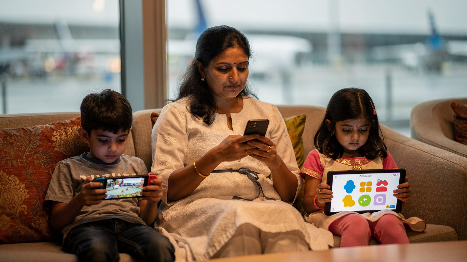 एक भारतीय माँ अपने iPhone पर Cellesim ऐप में अपने डेटा बैलेंस की जाँच कर रही है, उसके बगल में एक बेटा अपने Nintendo Switch पर गेम खेल रहा है और एक बेटी अपने iPad पर एक एजुकेशनल ऐप का उपयोग कर रही है, एक शांत हवाई अड्डे के लाउंज में, उड़ान भरने से पहले.