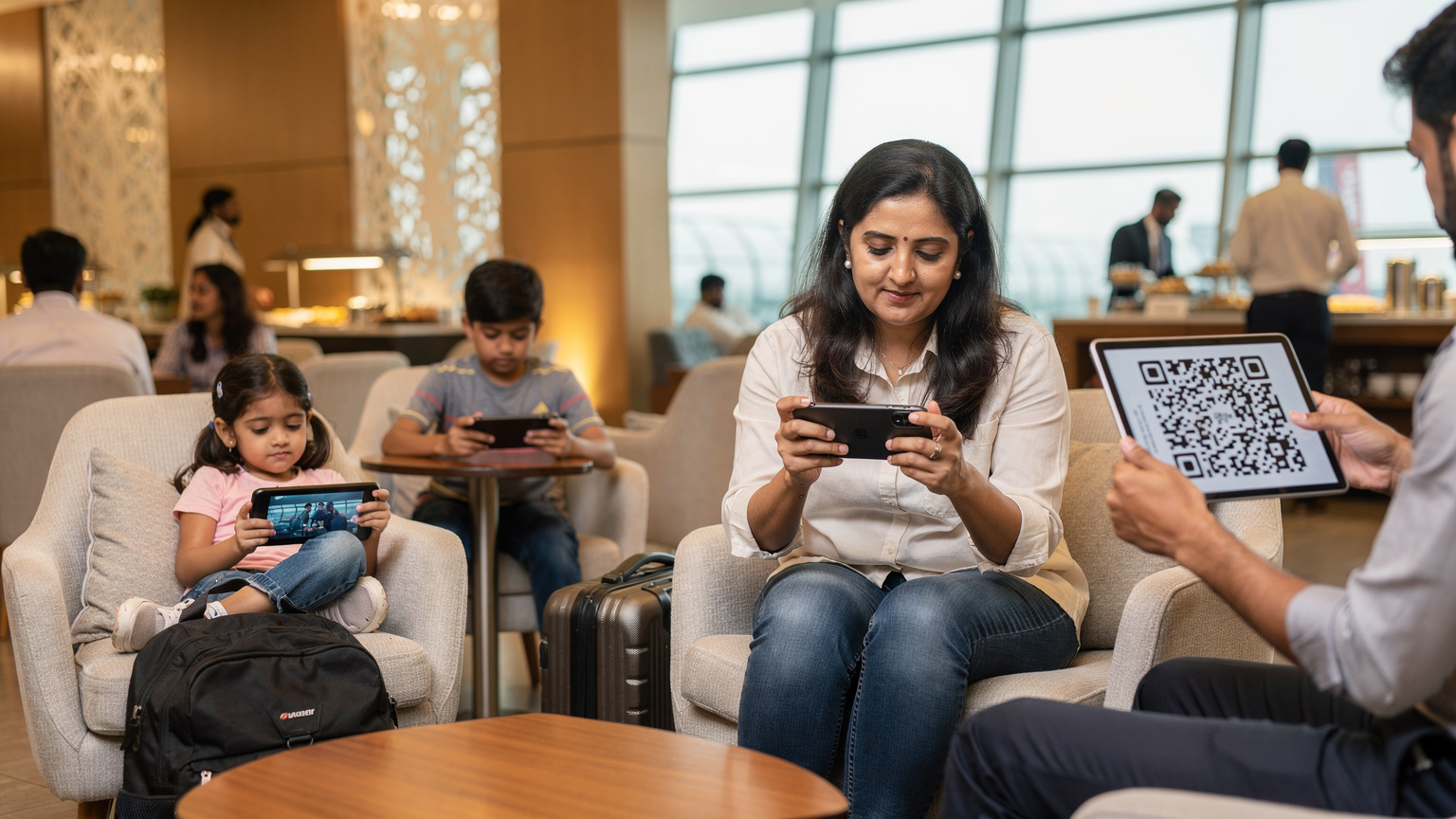 एक भारतीय परिवार की माँ अपने iPhone पर Cellesim eSIM QR कोड को स्कैन कर रही है, उसके बगल में एक बेटा अपने Nintendo Switch पर गेम खेल रहा है, जबकि दूसरा बेटा अपने iPad पर मूवी देख रहा है, सभी एक व्यस्त हवाई अड्डे के लाउंज में आराम कर रहे हैं.