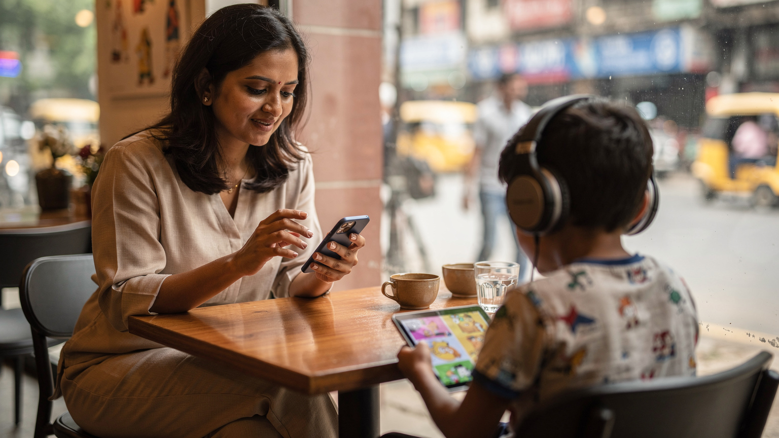 एक भारतीय माँ अपने iPhone पर Cellesim ऐप में eSIM प्लान ब्राउज़ कर रही है, उसके बगल में एक छोटा लड़का अपने iPad पर कार्टून देख रहा है, एक व्यस्त मुंबई के कैफे में.