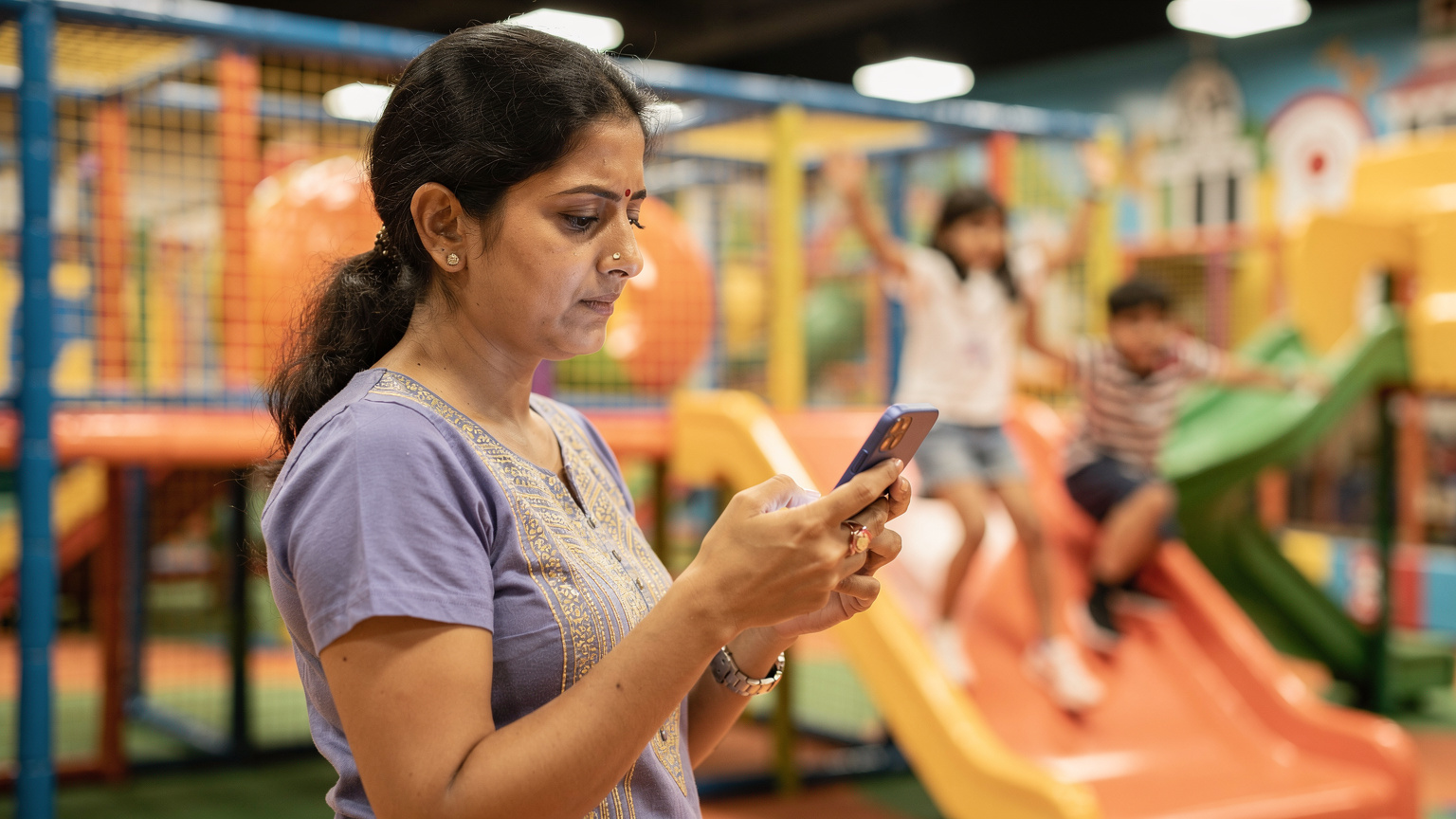 एक भारतीय परिवार की माँ अपने iPhone पर Cellesim ऐप में डेटा उपयोग की निगरानी कर रही है, उसके बच्चे दुबई के एक इनडोर मनोरंजन पार्क में खेल रहे हैं. माँ का चेहरा थोड़ी चिंता और नियोजन दिखा रहा है.