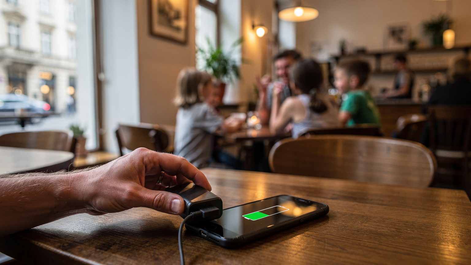 Uma mão de adulto conectando um power bank a um smartphone quase sem bateria em um café movimentado em Berlim, Alemanha, com a família sentada à mesa ao fundo, indicando a necessidade constante de energia.