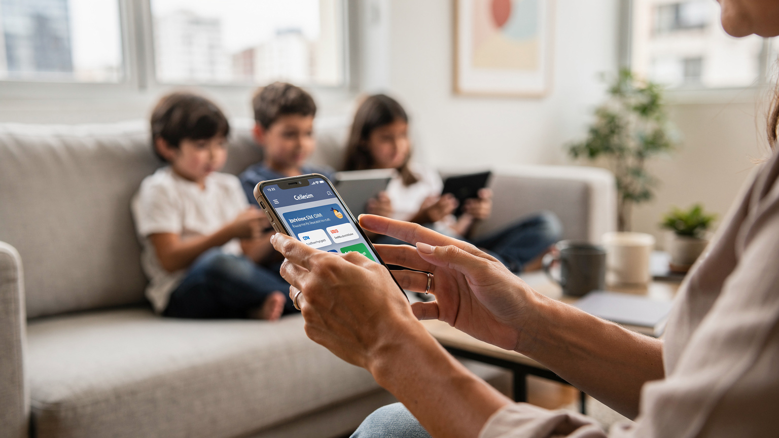 Uma mãe brasileira planejando a viagem da família, comparando planos de eSIM em seu smartphone, enquanto seus filhos brincam pacificamente com seus tablets no fundo.