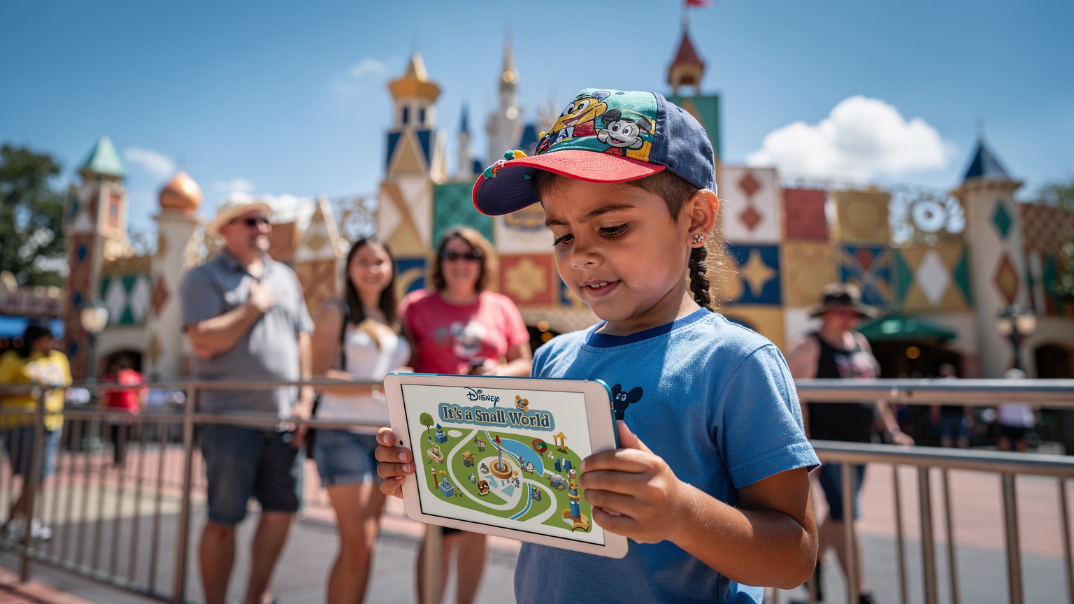 Uma criança brasileira, de aproximadamente 8 anos, olhando para um mapa offline no tablet enquanto a família espera na fila de uma atração na Disney World, Orlando, mostrando como a preparação pode evitar o tédio e a perda de dados.