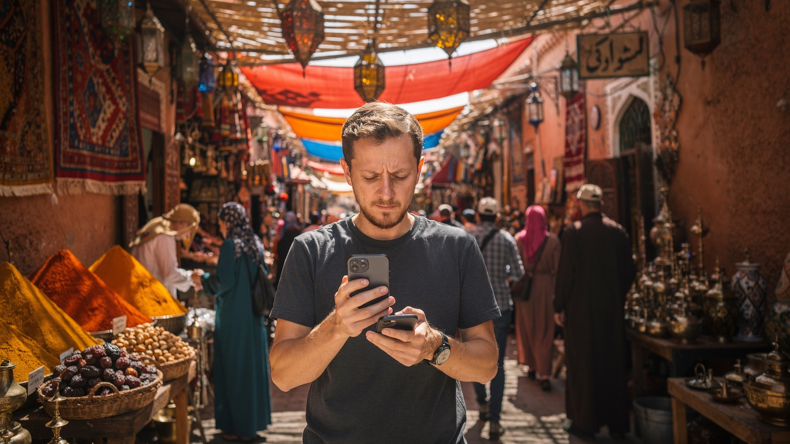 A traveler in a bustling souq in Marrakech, Morocco, holding their phone, looking slightly confused at a lost signal icon, reflecting a common travel friction point.
