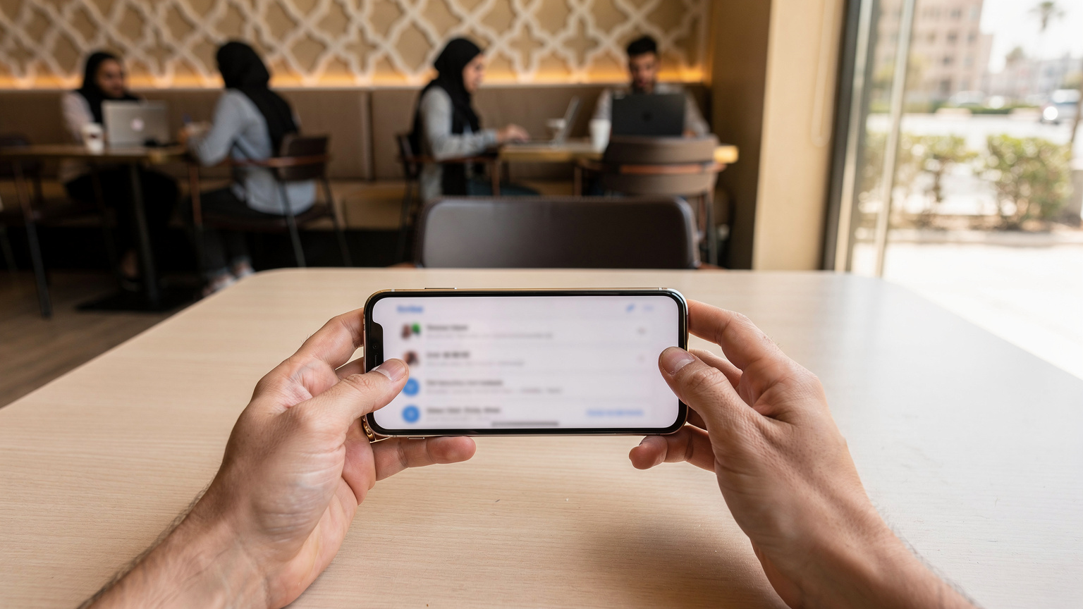 A traveler checking a Cellesim app on their phone, comparing data plans for the Middle East at a coffee shop.