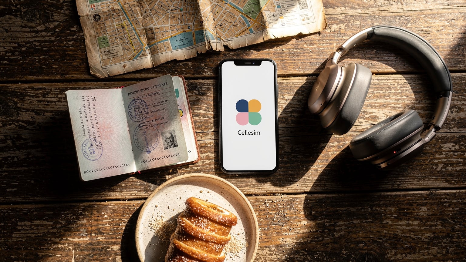 An overhead flat-lay of travel essentials: a passport, a smartphone with a Cellesim logo on the screen, noise-canceling headphones, a small physical map of Budapest, and a local pastry (kürtőskalács) on a rustic wooden table, suggesting a traveler's break.