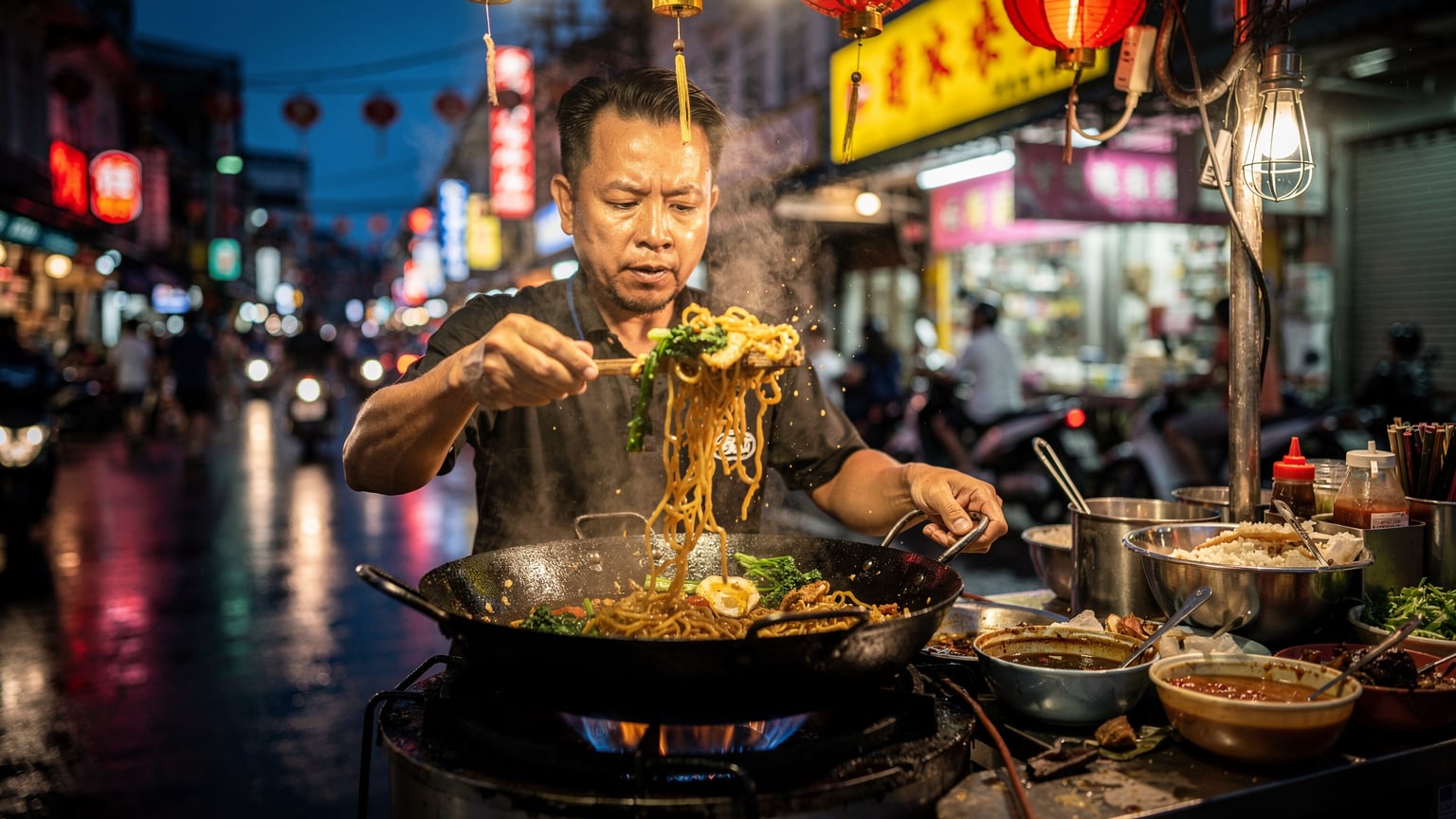 A street food vendor in Bangkok's Chinatown (Yaowarat), deftly preparing pad see ew on a sizzling wok, with vibrant neon signs and blurred crowds in the background.