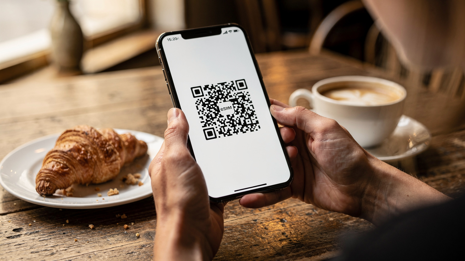 Une main féminine tient un smartphone affichant un QR code d'activation eSIM, posé sur une table de café en bois avec une tasse de café et un croissant frais, dans un décor parisien classique.