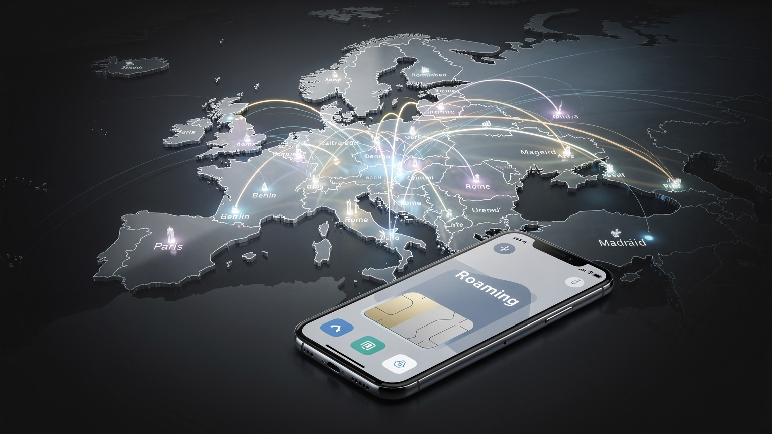 Carte stylisée de l'Europe avec des lignes lumineuses représentant la connectivité, reliant les capitales. Au premier plan, un smartphone affiche l'interface d'une eSIM, symbolisant la connexion rapide et étendue.