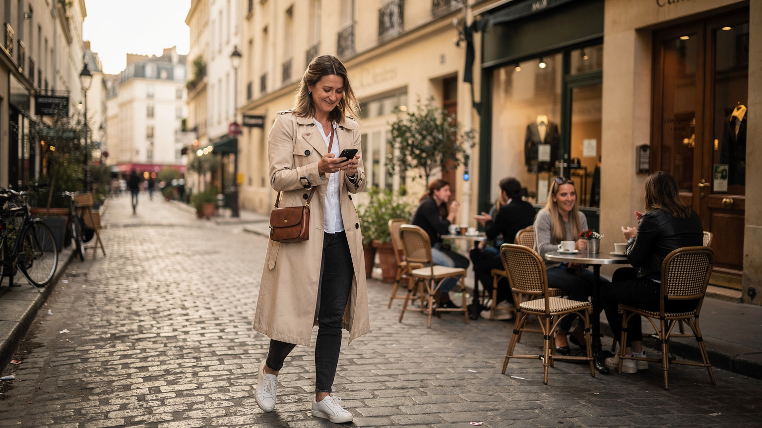 Une femme souriante consulte son téléphone en marchant dans les rues pavées du Marais à Paris, des boutiques d'artisanat et un café en arrière-plan.