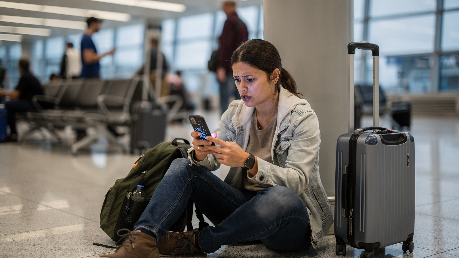 Une voyageuse, l'air frustré, regarde son téléphone affichant un message d'erreur de réseau, assise sur le sol d'un aéroport bondé à côté de ses bagages, suggérant une situation de stress.