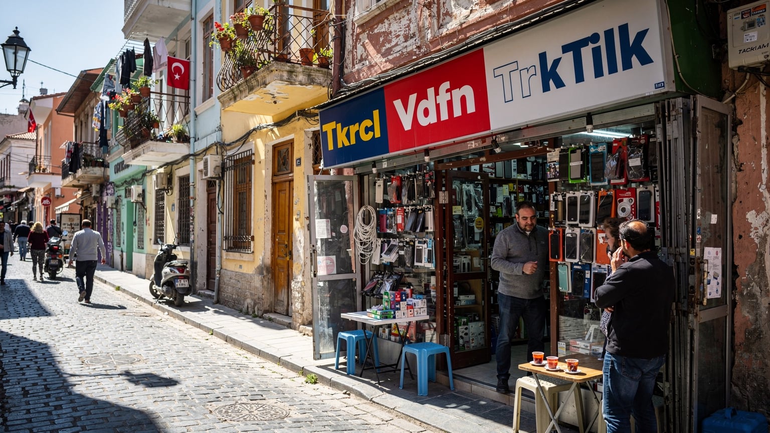 İstanbul'un tarihi sokaklarında bir yerel SIM kart bayisi, tabelasında Turkcell, Vodafone ve Türk Telekom logoları belirgin.