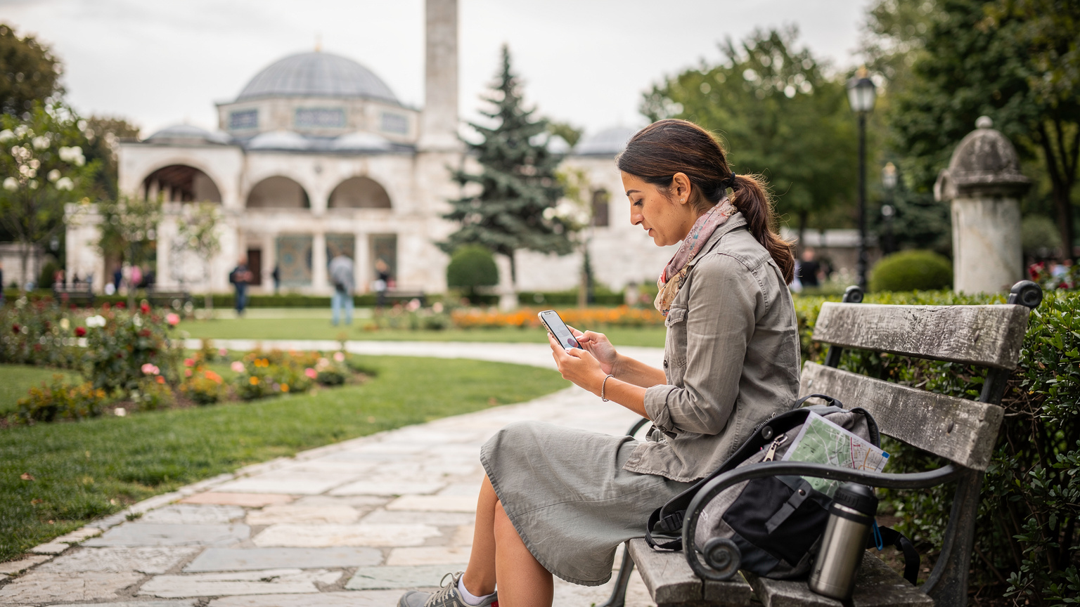 Topkapı Sarayı bahçesinde bankta oturan bir turist, telefonunda bütçe uygulamasını kontrol ediyor.