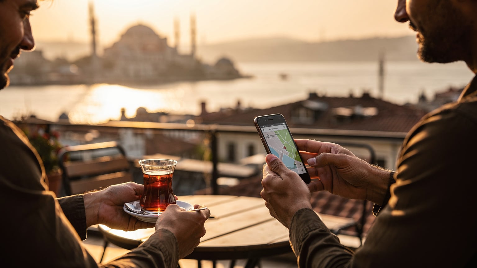 Bir kafe terasında, elinde kahve bardağıyla telefonunda harita uygulamasını kullanan bir gezgin, arka planda İstanbul silueti.