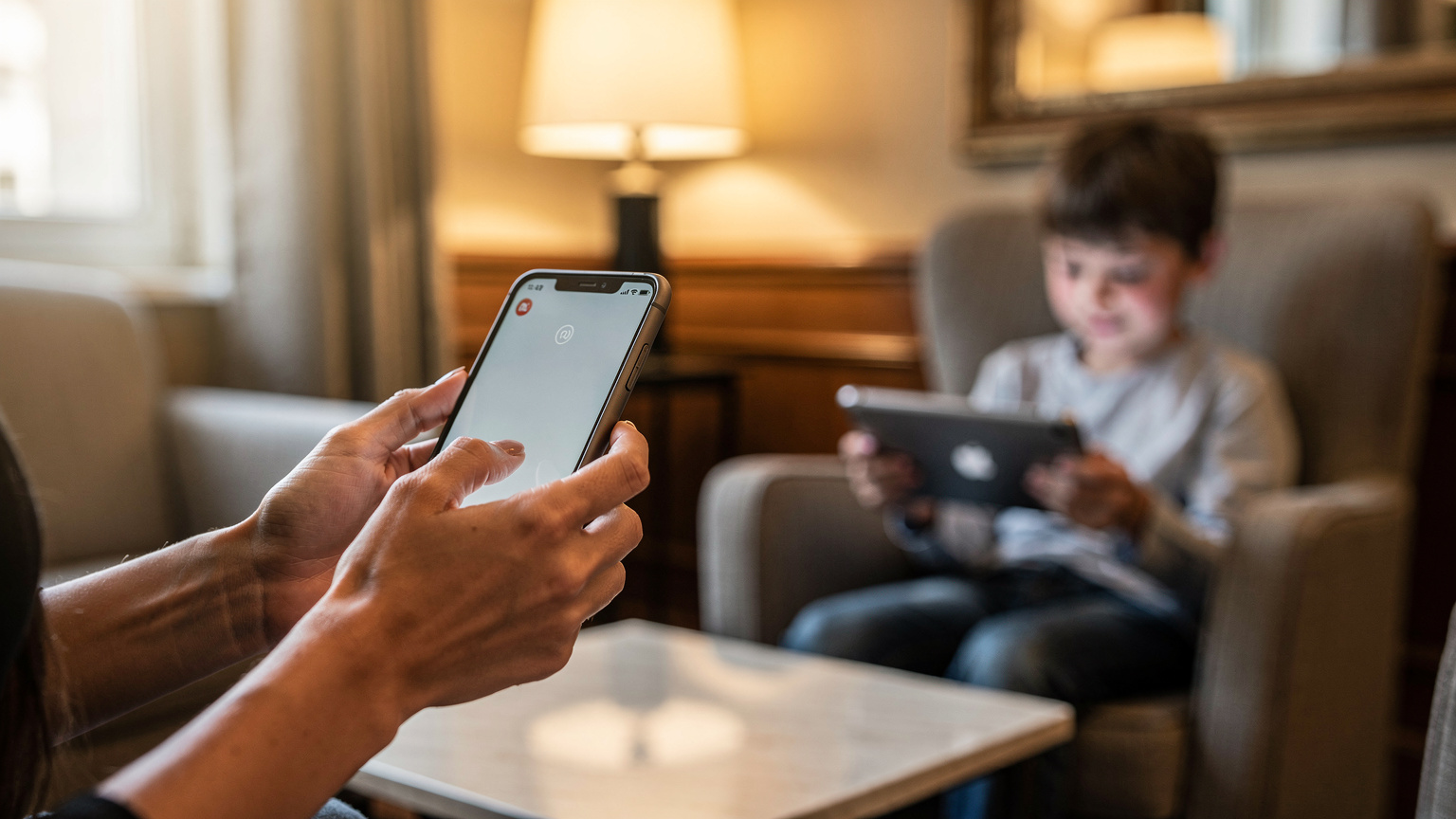 Bir annenin elinde tuttuğu akıllı telefon, aile üyeleri için kişisel erişim noktası olarak çalışıyor, arka planda bir çocuk tabletinde oyun oynuyor.