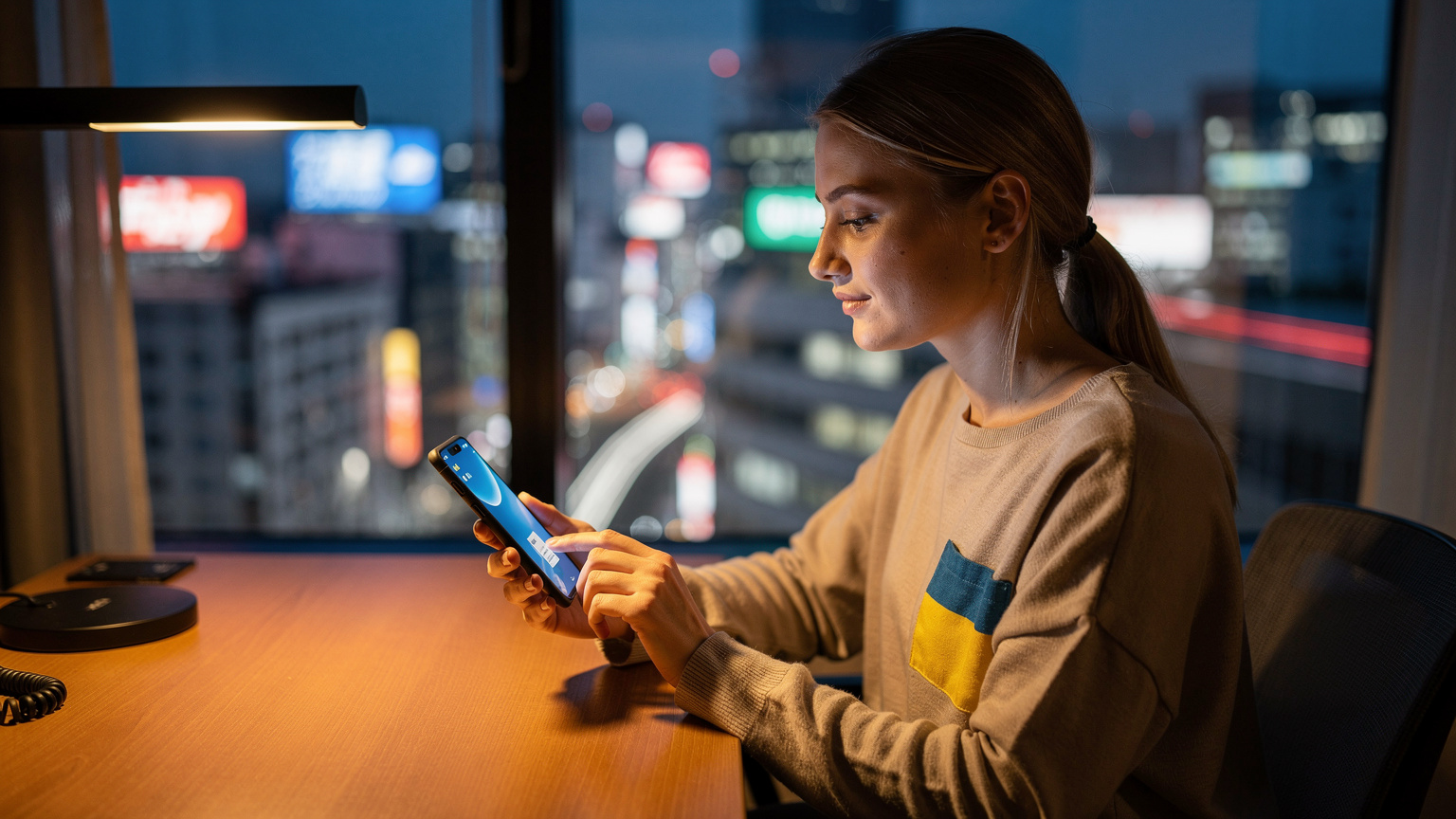 Мандрівник використовує смартфон для активації eSIM у готелі з видом на нічний Токіо.
