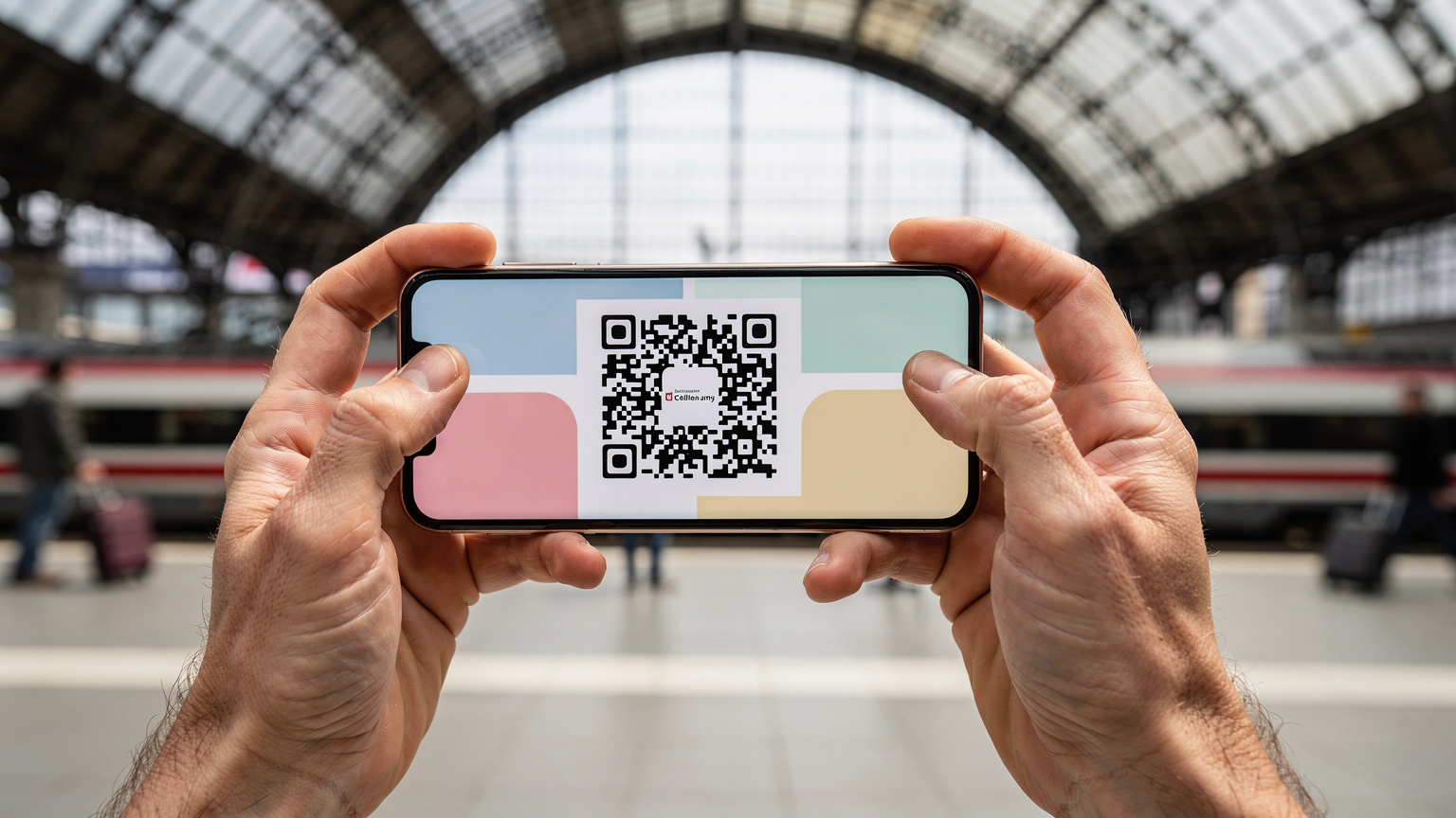 Крупний план рук, що тримають смартфон з відкритим додатком Cellesim і QR-кодом для eSIM, на тлі Мюнхенського вокзалу.