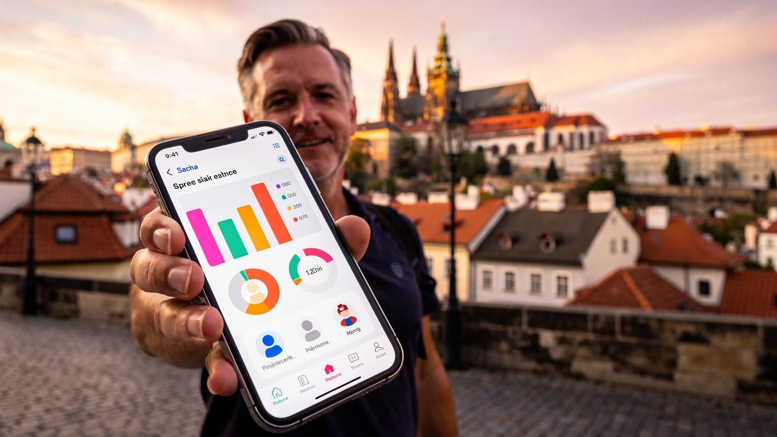 Rodič drží smartphone s aktivovanou Cellesim aplikací, která ukazuje přehled spotřeby dat pro více členů rodiny, s pozadím hradního komplexu v Praze.
