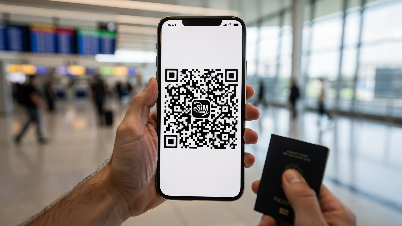 Ruka drží smartphone se zobrazeným QR kódem pro instalaci eSIM, s rozmazaným pozadím letištního terminálu.