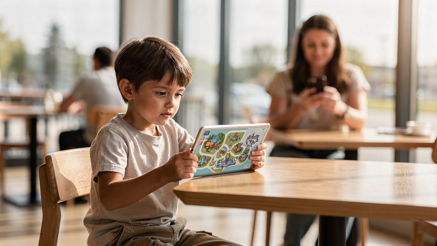 Uma criança pequena concentrada no seu tablet, que exibe um mapa offline de um parque temático, enquanto a mãe, no fundo, verifica o seu smartphone. O ambiente é de um café tranquilo com janelas grandes.