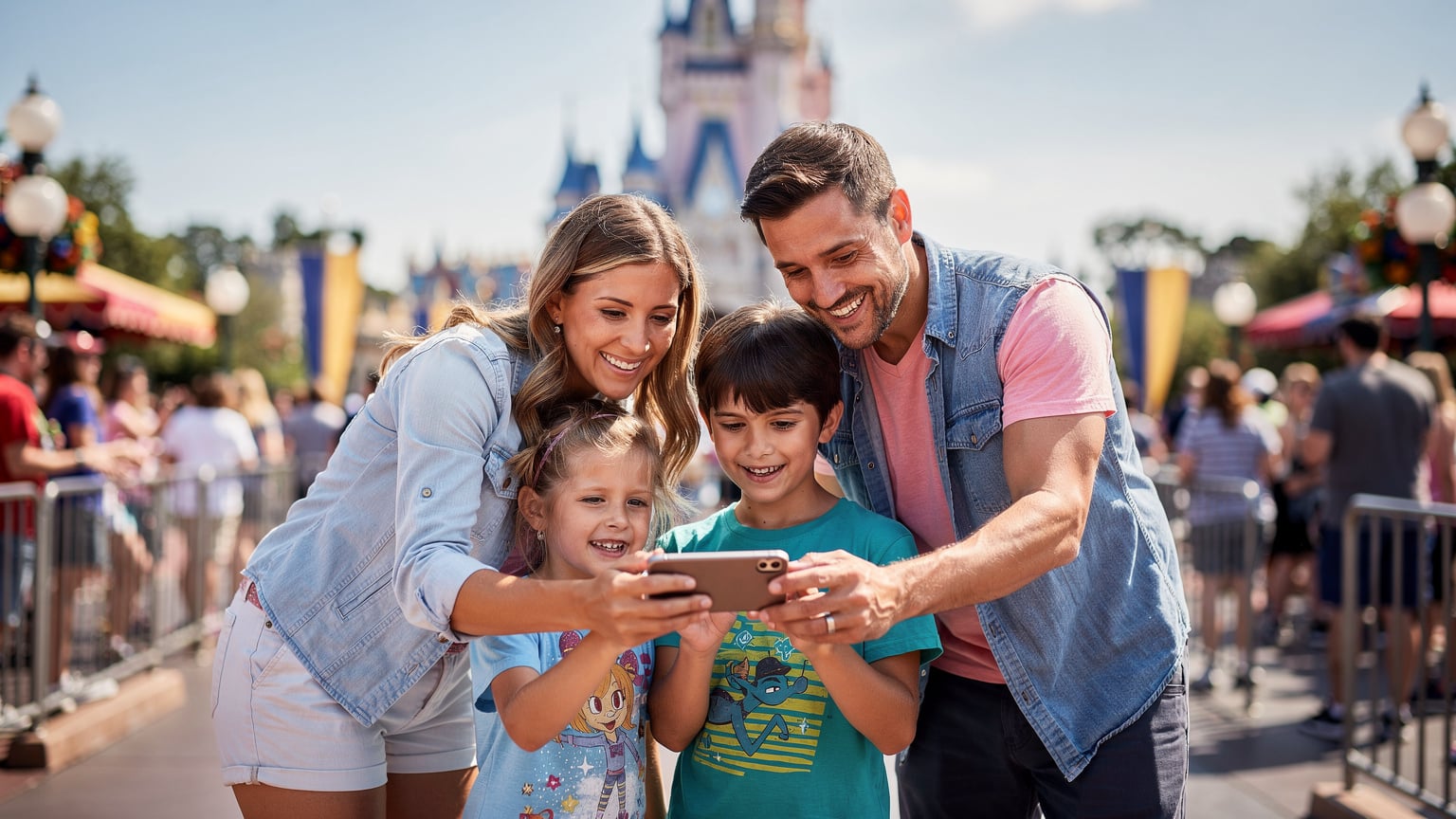 Uma família animada a usar um smartphone para verificar os tempos de espera numa fila de atração num parque temático vibrante, com o castelo da Cinderela desfocado ao fundo.