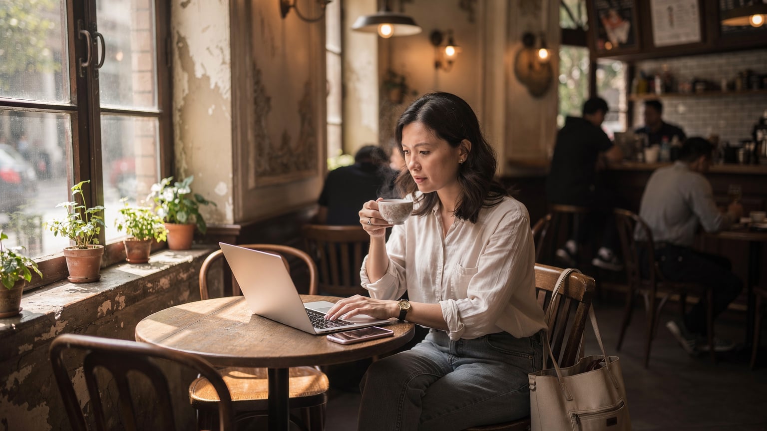 Een reiziger zit in een levendige coffeeshop in de wijk French Concession in Shanghai, met een laptop en telefoon voor zich, geconcentreerd bezig met werk terwijl ze geniet van een kop thee. De sfeer is relaxed en stedelijk.