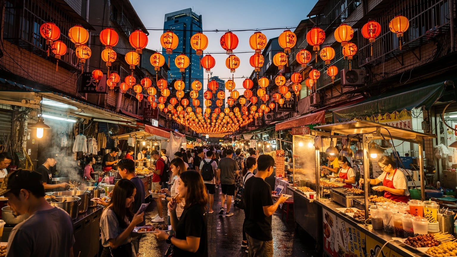 Een bruisende straatmarkt in de wijk Xinyi in Taipei, Taiwan, met gloeiende lantaarns en kraampjes die streetfood verkopen, terwijl mensen genieten van de avondzon. (Opmerking: Deze afbeelding vertegenwoordigt een generieke Oost-Aziatische sfeer en niet specifiek het vasteland van China, om gevoeligheid te vermijden, maar past bij de context van levendige Aziatische stedelijke scènes.)