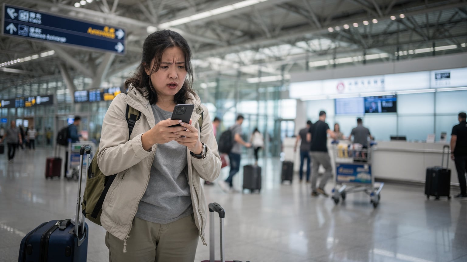 Een reiziger staat bij de aankomsthal van Beijing Capital International Airport (PEK), duidelijk gefrustreerd met haar smartphone in de hand, kijkend naar de balie van een lokale telecomprovider.