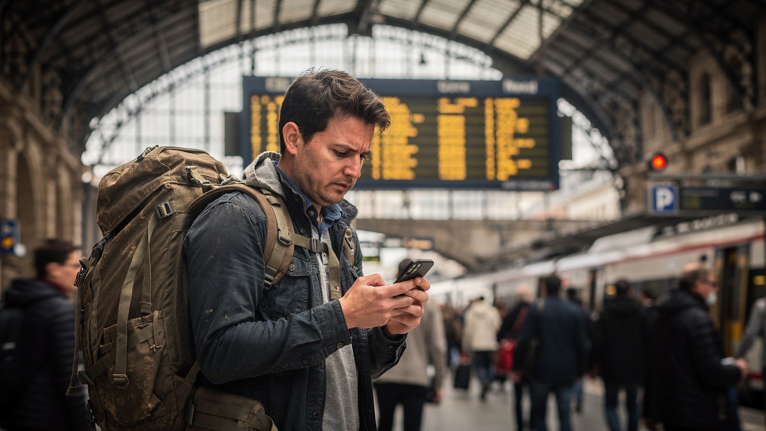 Un homme voyageur avec un grand sac à dos regarde son iPhone avec une expression de frustration, debout au milieu de la foule à la Gare du Nord à Paris. Le tableau d'affichage des départs est visible en arrière-plan, ajoutant au sentiment d'urgence.