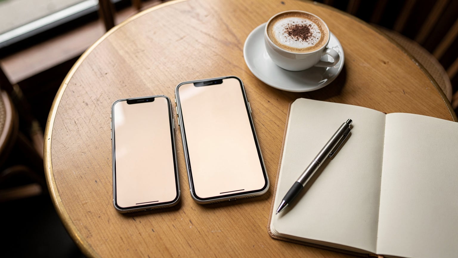 Deux iPhones posés côte à côte sur une table de bois clair dans un café, l'un affichant un écran de transfert eSIM, l'autre prêt à l'activation. Un cappuccino et un carnet de notes ouvert sont à proximité, suggérant un moment de travail ou de planification.