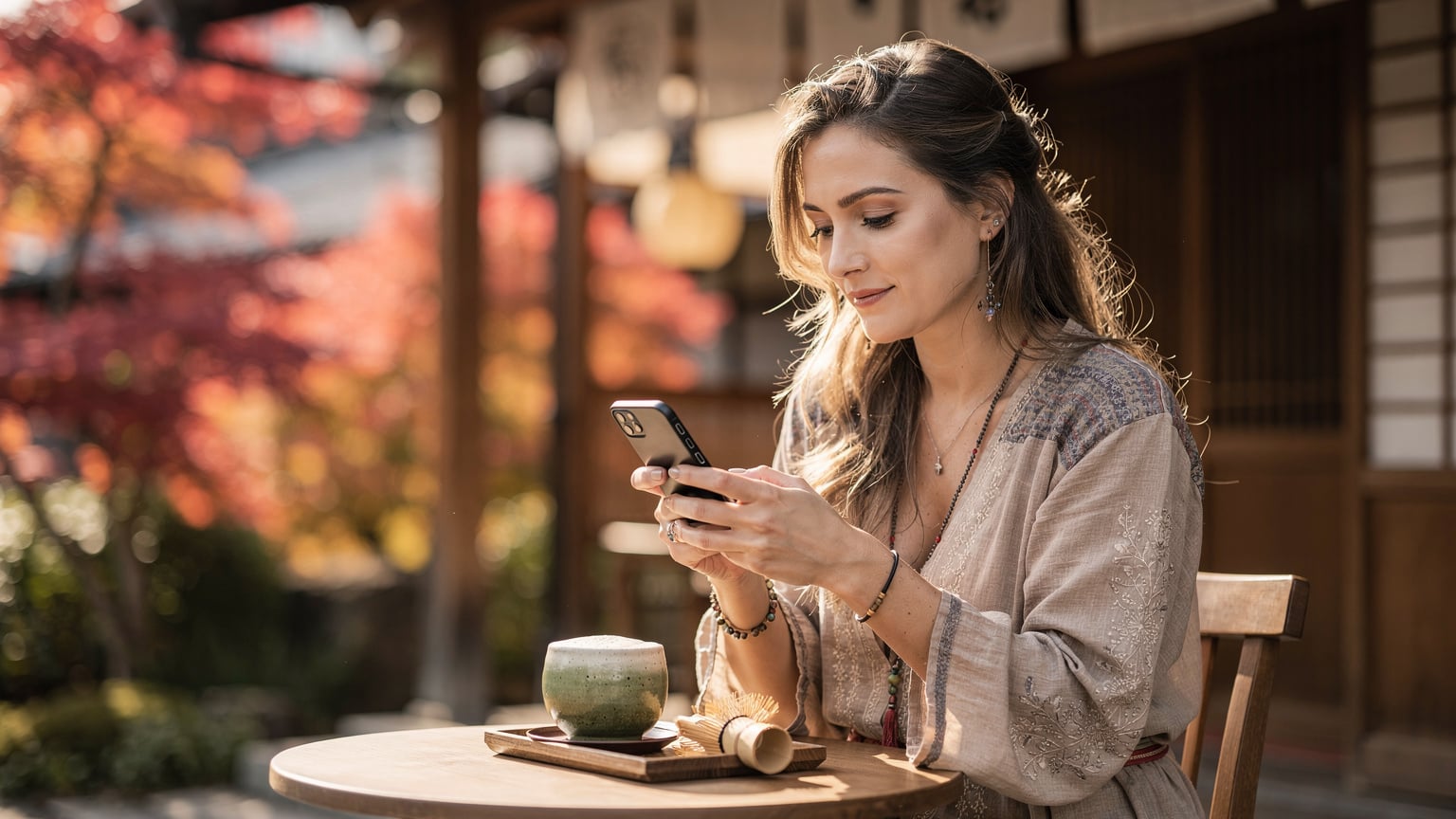 Une femme assise à la terrasse d'un café traditionnel à Kyoto, Japon, consulte son téléphone tout en sirotant un thé matcha. Des feuilles d'érable rouges vif sont en arrière-plan, soulignant la saison automnale.
