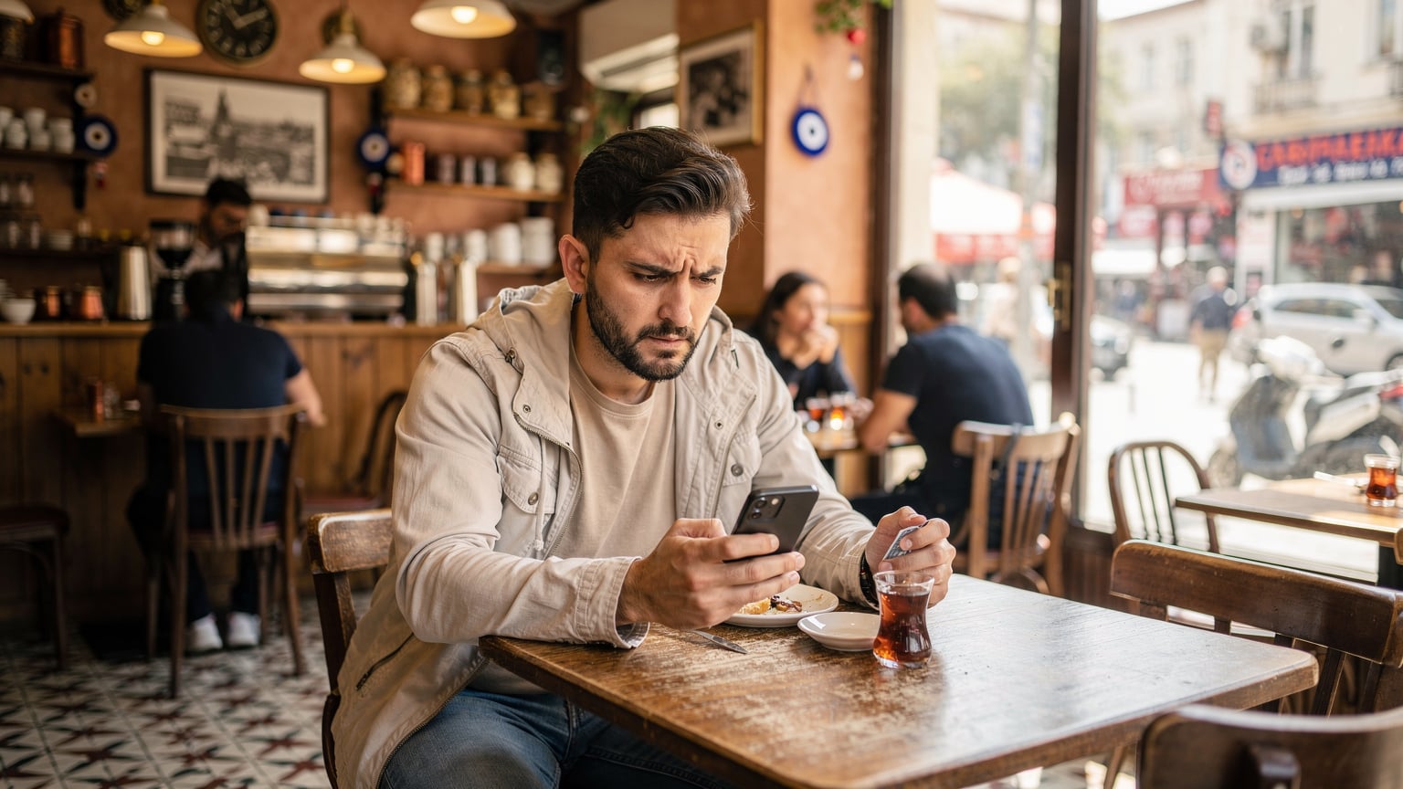 Ein Reisender sitzt in einem belebten Café in Kadıköy, Istanbul, und blickt besorgt auf sein Smartphone, das eine teure Roaming-Meldung anzeigt.