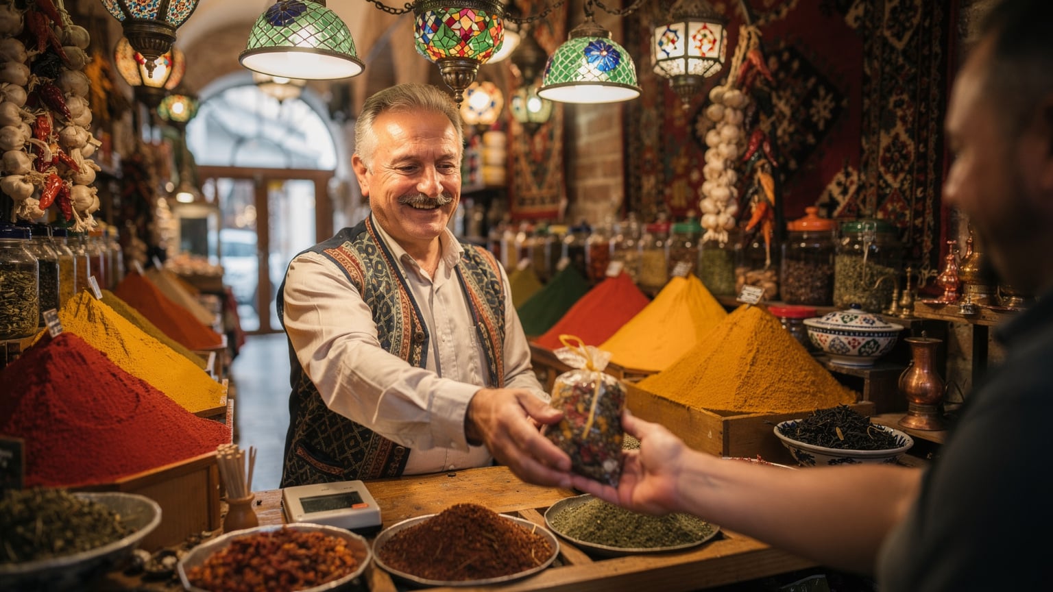 Ein lächelnder Verkäufer in einem traditionellen türkischen Gewürzladen in einem Basar in Istanbul reicht einem Kunden einen kleinen Beutel, während im Hintergrund bunte Gewürzhaufen zu sehen sind.