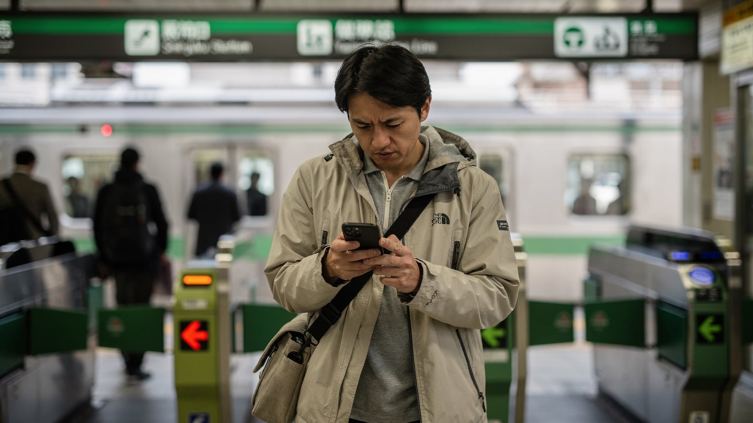 A traveler looks concerned at their iPhone screen while standing near a busy transit station in a foreign city, suggesting a connectivity issue.