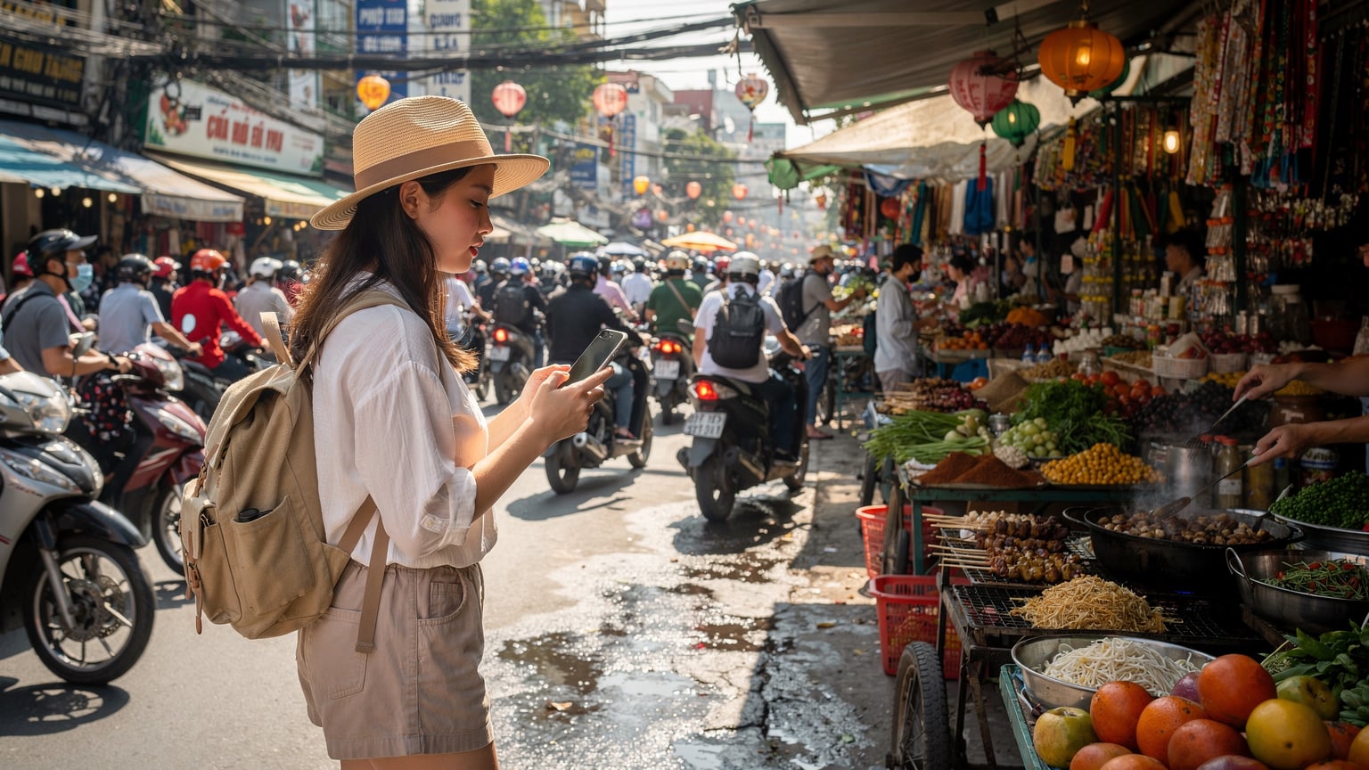 A traveler uses a mapping app on their iPhone while navigating a bustling street in Ho Chi Minh City, illustrating the importance of reliable data abroad.