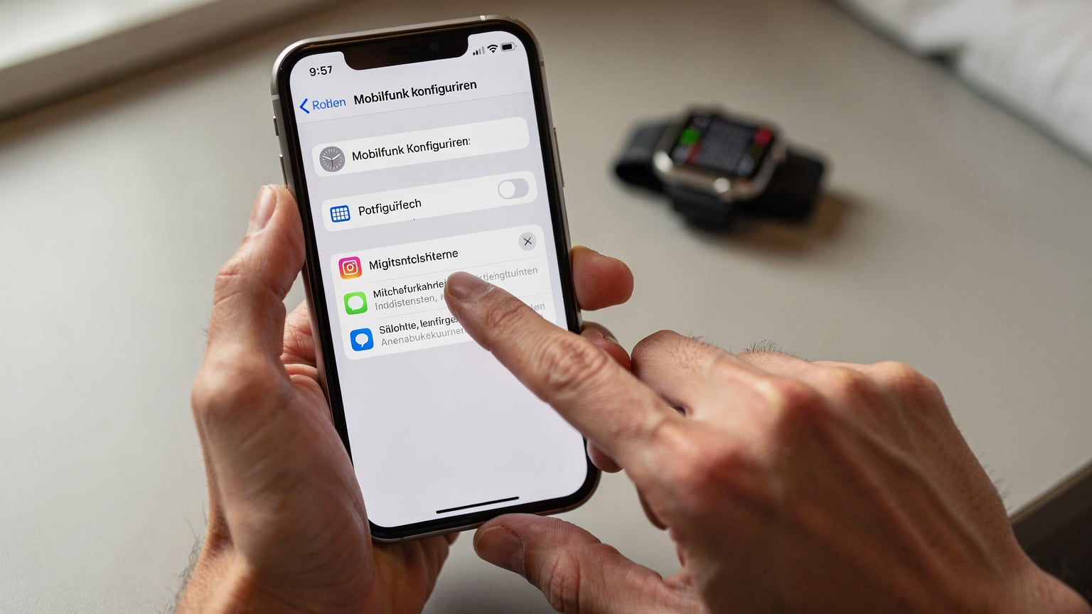 Nahaufnahme von Händen, die ein iPhone halten, auf dem die Apple Watch App geöffnet ist, und mit dem Finger auf die Option "Mobilfunk konfigurieren" tippen, im Hintergrund eine angedeutete Apple Watch.