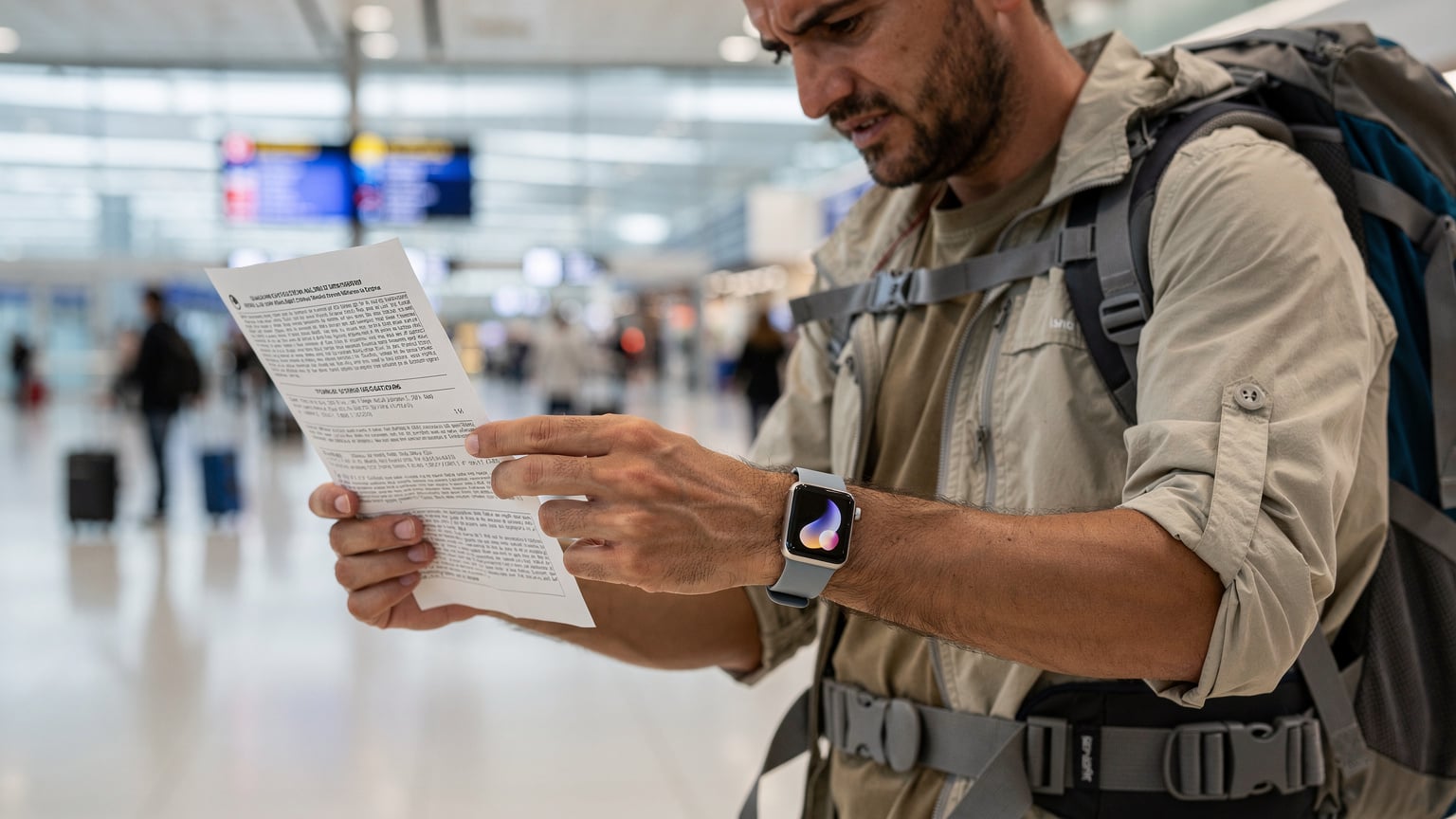 Ein Reisender am Flughafen Istanbul (IST) versucht, eine eSIM auf seiner Apple Watch zu aktivieren, mit einem Ausdruck der türkischen Zollbestimmungen in der Hand, der Sorgenfalten aufwirft.