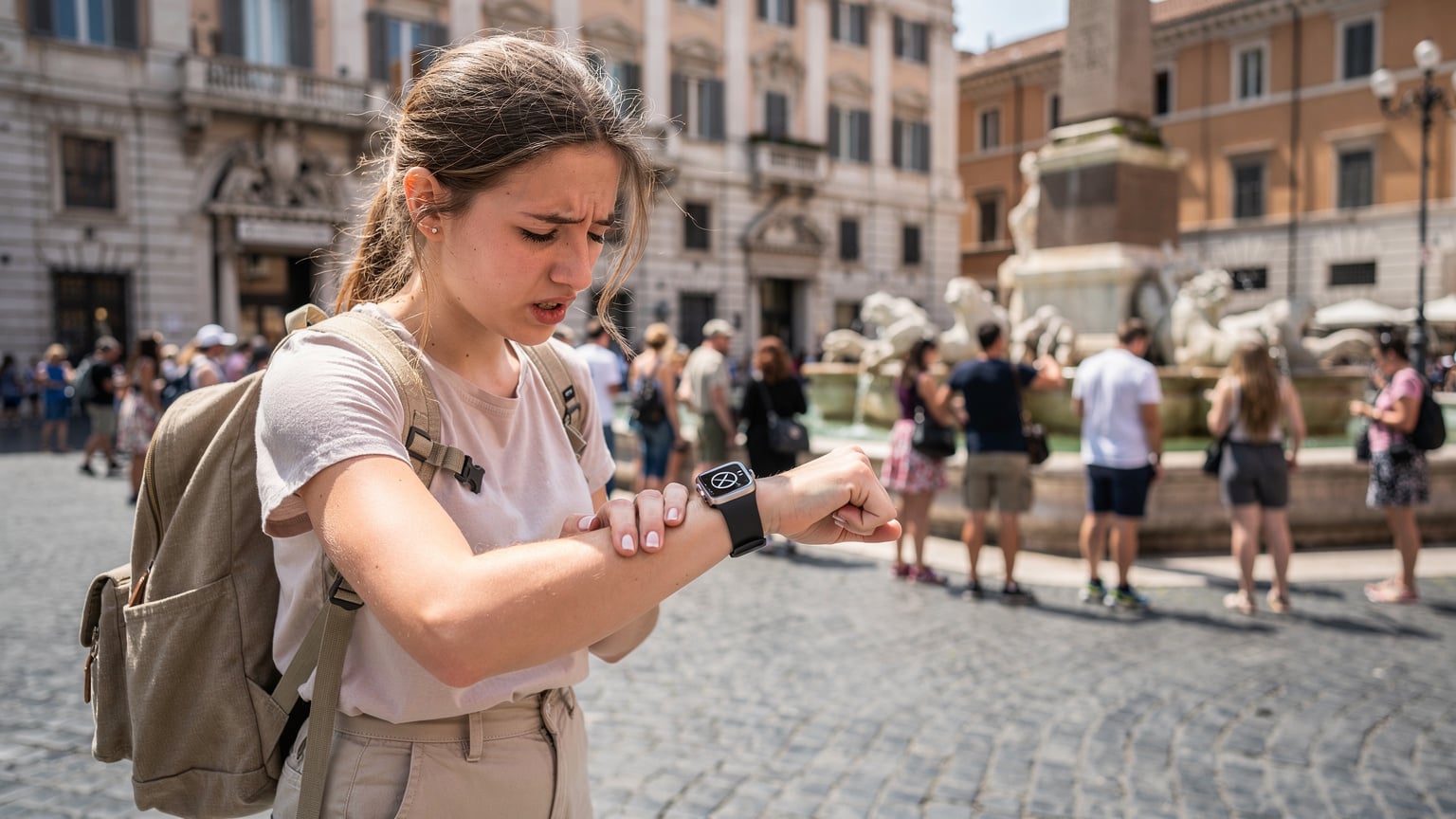 Eine junge Frau mit Rucksack steht ratlos an einem belebten Platz in Rom, blickt auf ihre Apple Watch, die kein Signal anzeigt, während im Hintergrund ein historisches Gebäude und Touristen zu sehen sind.