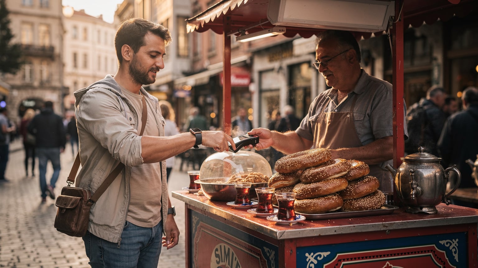 Ein Reisender zahlt mit seiner Apple Watch kontaktlos an einem kleinen Straßenstand in Istanbul, der Simit und Tee verkauft, im Hintergrund die belebte Straße und lokale Architektur.