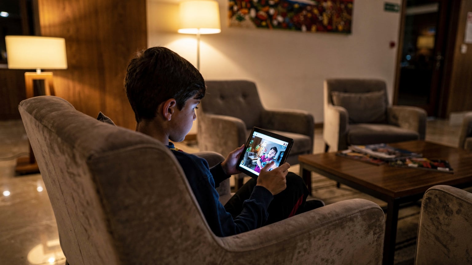 Ein Kind, das auf einem Tablet eine heruntergeladene Episode von Disney+ schaut, im Hintergrund ist eine gemütliche Hotellobby in Pristina zu sehen, die eine entspannte Atmosphäre schafft.