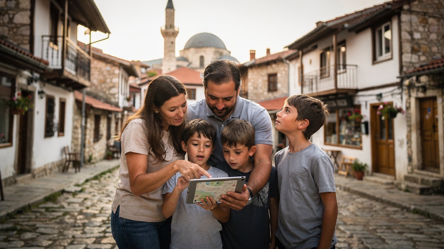 Eine Familie, die eine Offline-Karte auf einem Tablet überprüft, während die Kinder gespannt auf die Umgebung blicken, in der historischen Stadt Prizren, Kosovo.