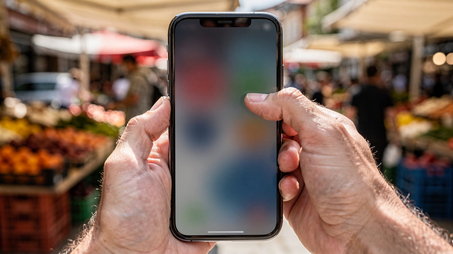 Nahaufnahme eines Smartphones, das eine eSIM-Verwaltungs-App anzeigt, mit einer Hand, die auf die Option 'Datenpaket hinzufügen' tippt, vor dem Hintergrund einer belebten Marktstraße in Pristina.