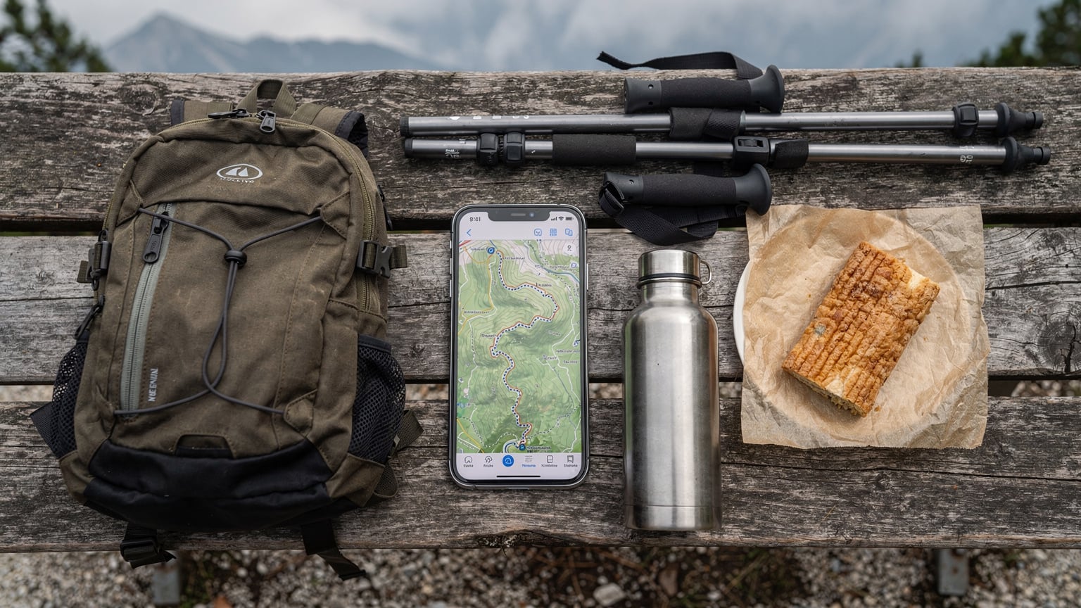 Ein Smartphone, das auf einer Karte die Wanderwege im Nationalpark Bjeshkët e Nemuna im Kosovo anzeigt, im Vordergrund ist ein Rucksack und Wanderstöcke zu sehen.